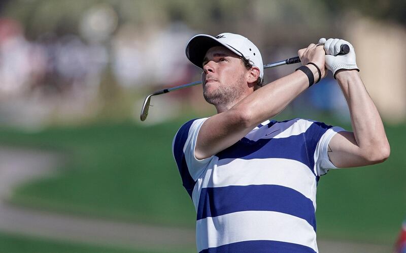 Abu Dhabi, United Arab Emirates, January 18, 2020.  2020 Abu Dhabi HSBC Championship.  Round 3.
Thomas Pieters in action on the first hole.
Victor Besa / The National
Section:  SP
Reporter:  Paul Radley and John McAuley