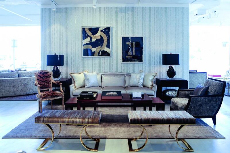 The new En Vogue showroom in Jumeirah 1 sells luxury furnishing options by the US brand Kravet, including the Silk Tiger Velvet Louis XVI Dining Chair, on the left, which retails at Dh77,970. 