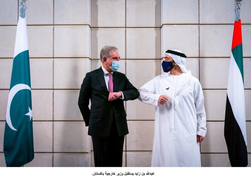 Sheikh Abdullah bin Zayed, Minister of Foreign Affairs and International Co-operation, greets Pakistani Foreign Minister Shah Mahmood Qureshi in Abu Dhabi on Monday. Wam 