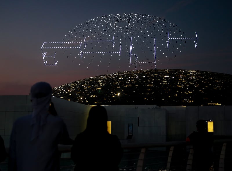 The drones form the shapes of significant architectural features on Saadiyat Island, including Louvre Abu Dhabi
