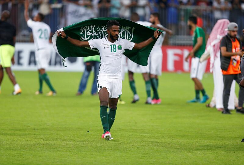 Soccer Football - 2018 World Cup qualifications - Saudi Arabia v Japan - Jeddah, Saudi Arabia - September 5, 2017 - Nawaf Al Abed of Saudi Arabia celebrates the victory against Japan. REUTERS/Faisal Al Nasser