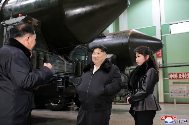North Korean leader Kim Jong-un, accompanied by his daughter Kim Ju-ae, visits a military vehicle production plant. Reuters