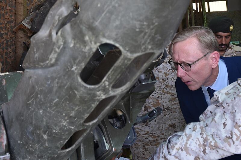 Brian Hook, the US special representative on Iran, checks what Saudi Arabian officials said were Iranian-made Huthi missiles and drones intercepted over the kingdom's territory and the remnants of a "cruise missile" that slammed into Abha airport. AFP