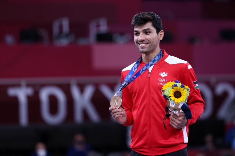 Abdel Rahman Al Masatfa of Jordan with his bronze medal at the Nippon Budokan arena in Tokyo.