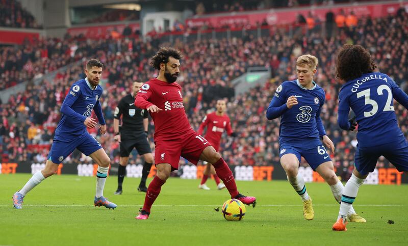 Liverpool's Mohamed Salah in action with Chelsea's Lewis Hall. Reuters