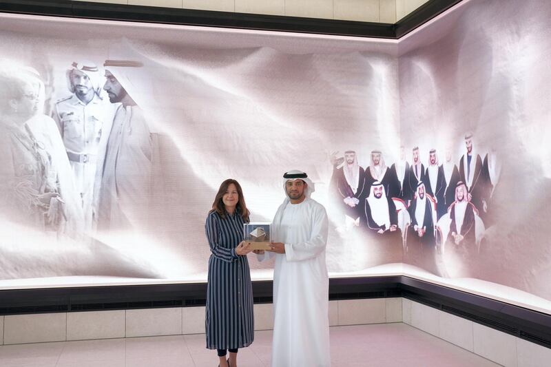 ABU DHABI, UNITED ARAB EMIRATES - March 13, 2019: HE Falah Mohamed Al Ahbabi, Chairman of the Department of Urban Planning and Municipalities, and Abu Dhabi Executive Council Member (R) and Karen Pence, Second Lady of the United States (L), exchange gifts during a reception for the Special Olympics World Games Abu Dhabi 2019, at the Founders Memorial.

( Mohammed Al Hammadi / Ministry of Presidential Affairs )?