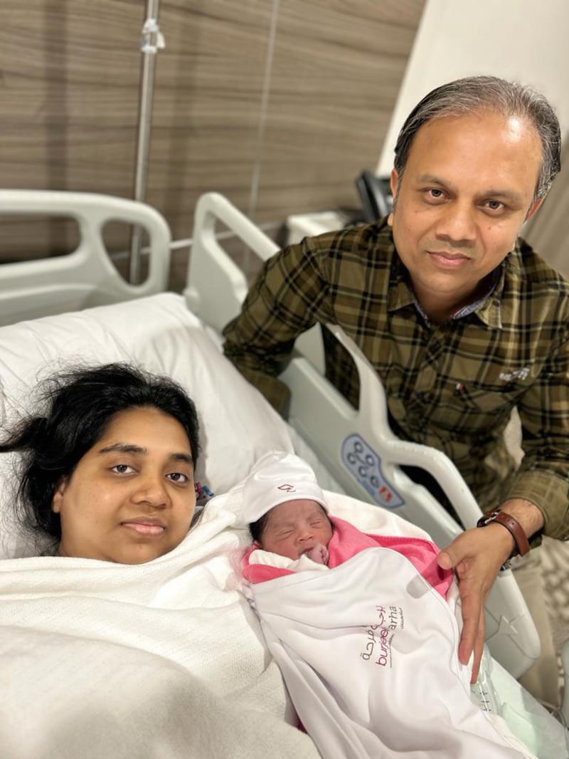 Baby girl Sayeda Farishta Siddique with her parents Rahela Sultana and Mohamed Fazlul Siddique at Burjeel Medical City. Photo: Burjeel Medical City