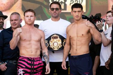 Saul "Canelo" Alvarez of Mexico (L) and Dmitry Bivol of Russia pose following their weigh-in prior to their WBA light heavyweight fight in Las Vegas, Nevada, 06 May 2022.  The WBA light heavyweight championship title fight opposing Saul 'Canelo' Alvarez of Mexico and Dmitry Bivol of Russia is scheduled on 07 May 2022, at the T-Mobile Arena in Las Vegas.   EPA / ETIENNE LAURENT