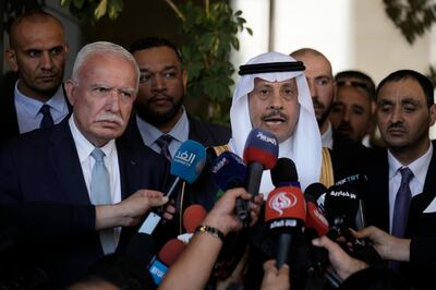 Nayef Al Sudairi, Saudi Arabia's the first-ever Saudi ambassador to the Palestinian Authority, right, and Palestinian Minister of Foreign Affairs and Expatriates Riyad Al-Maliki, left, make a joint statement after their meeting in Ramallah last month. AP