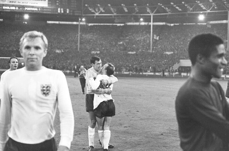 Nobby Stiles and Gordon Banks celebrating Englands 2-1 victory over Portugal in the 1966 World Cup semi final at Wembley 27th July 1966. Captain Bobby Moore is in the foreground. (Photo by Central Press/Hulton Archive/Getty Images)