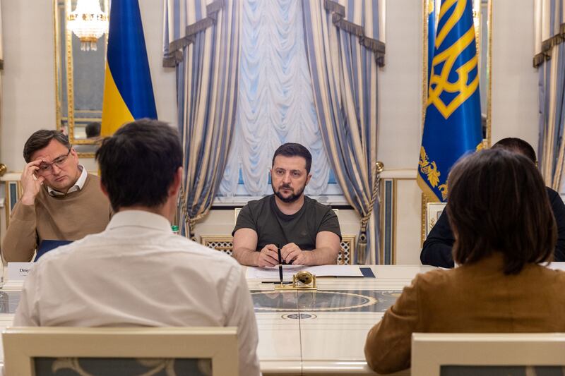 Ukraine’s President Volodymyr Zelenskyy attends a meeting in Kyiv with German Foreign Minister Annalena Baerbock and Dutch Foreign Minister Wopke Hoekstra. Reuters