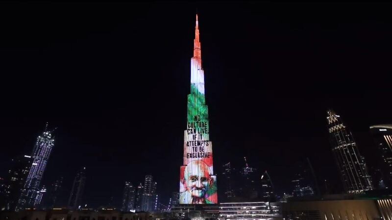 An image of Mahatma Gandhi is projected on the Burj Khalifa in Dubai to celebrate the 150th anniversary of his birth. 