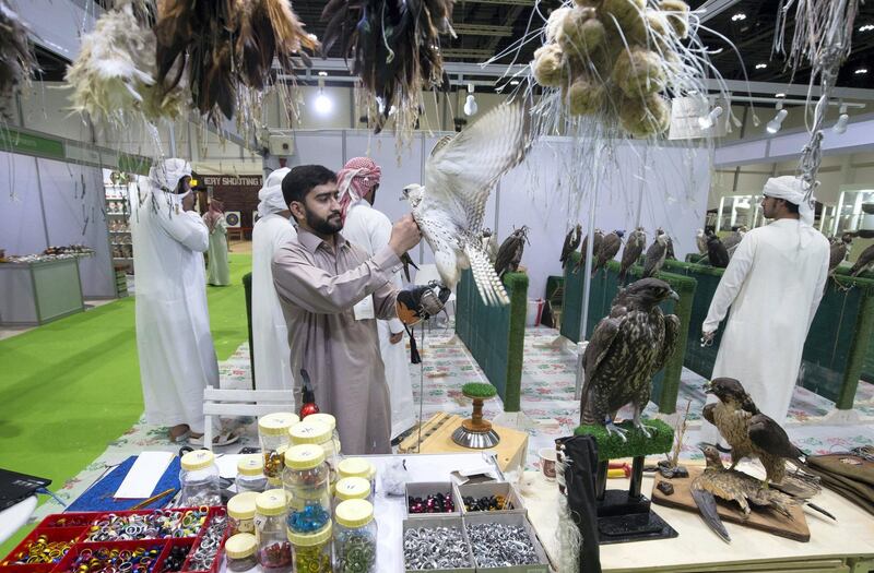 ABU DHABI, UNITED ARAB EMIRATES - Stalls that sells accessories for the falcon at the ADIHEX exhibition at ADNEC Abu Dhabi.  Leslie Pableo for The National for Gillian Duncan’s story