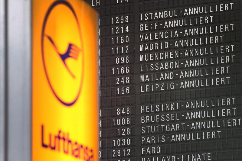 A display showing cancelled flights due to the strike of pilots of German airline Lufthansa. Daniel Roland / AFP