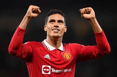 MANCHESTER, ENGLAND - AUGUST 22: Raphael Varane of Manchester United celebrates after victory in the Premier League match between Manchester United and Liverpool FC at Old Trafford on August 22, 2022 in Manchester, England. (Photo by Michael Regan / Getty Images)