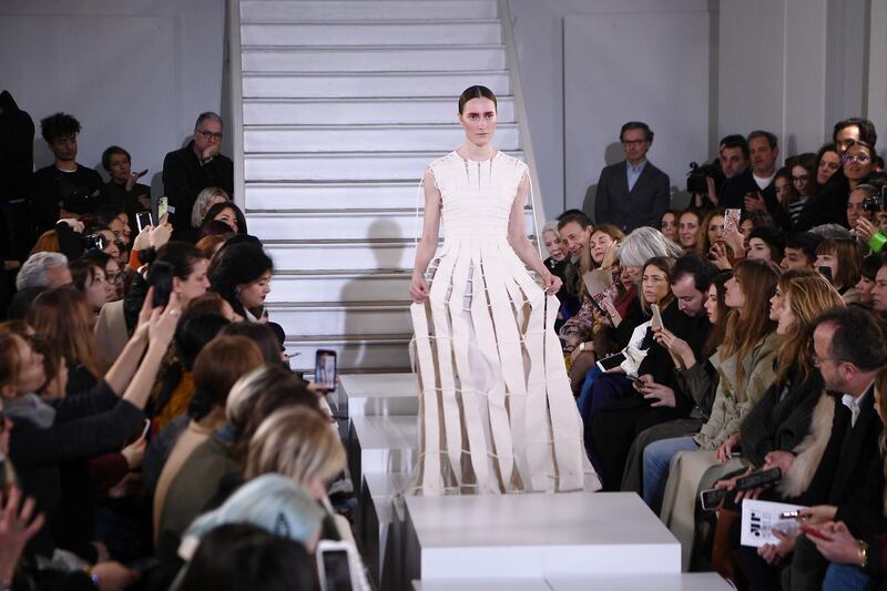 A look from the Maison Rabih Kayrouz spring / summer 2020 collection during Paris Haute Couture Fashion Week on January 20, 2020. AFP