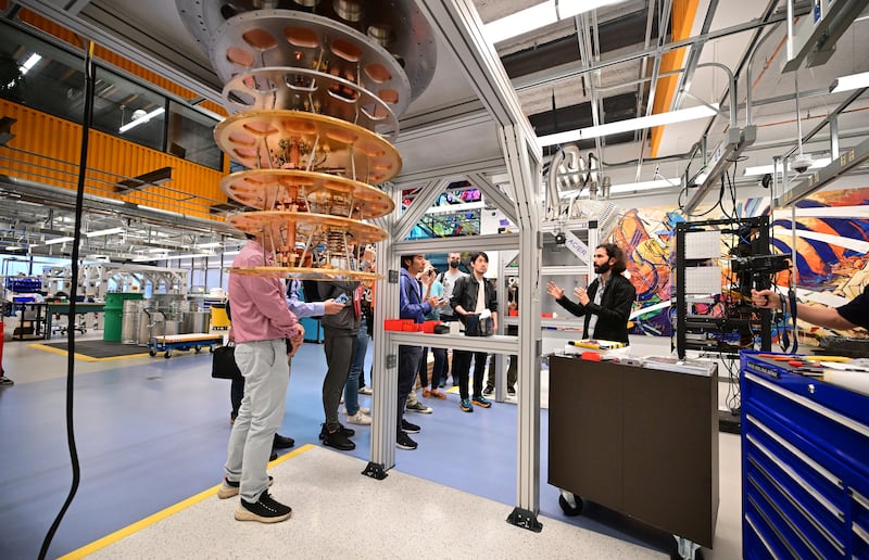 Dr Erik Lucero, lead engineer of Google Quantum AI, leads a media tour of campus in Goleta, California in 2022. AFP