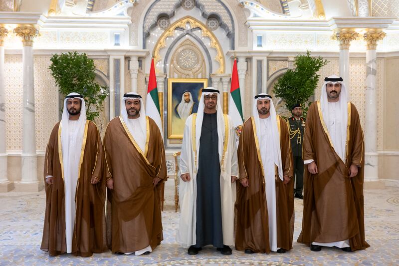 President Sheikh Mohamed stands for a photograph with newly appointed UAE ambassadors at Qasr Al Watan