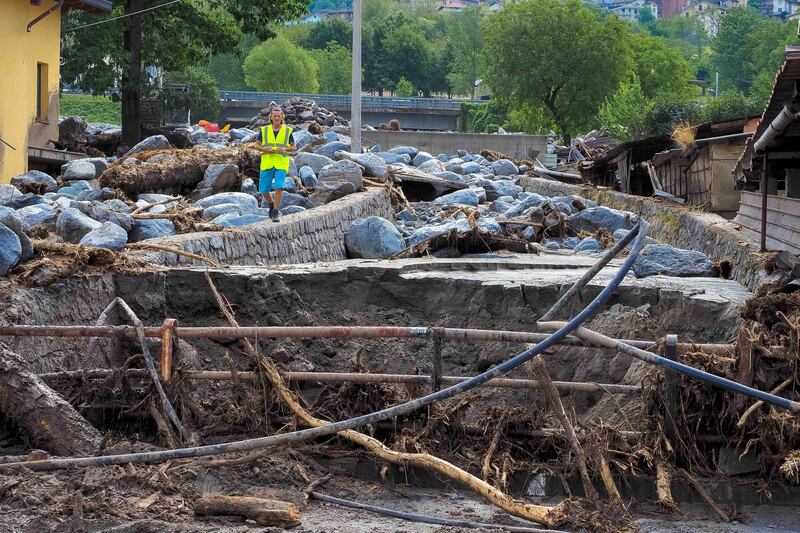 View of damage after flooding in Niardo, Italy, on July 28, 2022. EPA