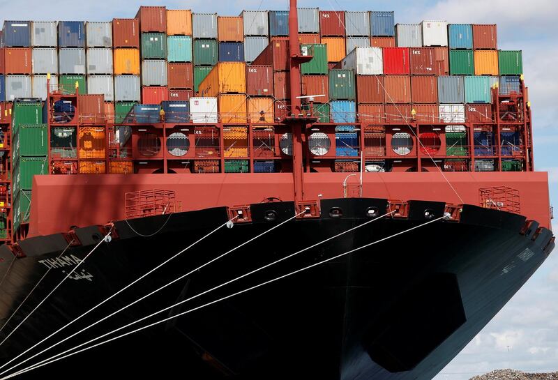 FILE PHOTO: Shipping containers are stacked on a cargo ship in the dock at the ABP port in Southampton, Britain August 16, 2017. REUTERS/Peter Nicholls/File Photo