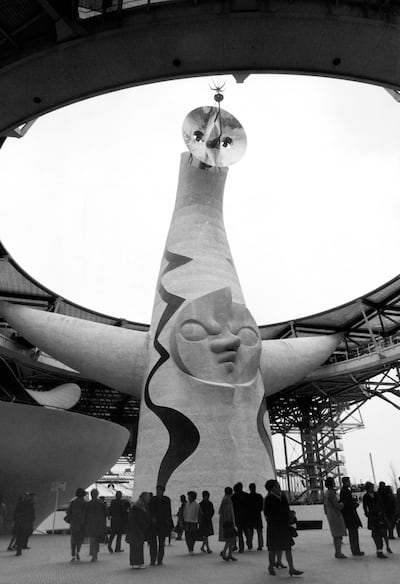 The Tower of the Sun at Osaka World's Fair 1970 symbolises the dignity and unending progress of mankind with its two arms stretched out in welcome.  Getty Images