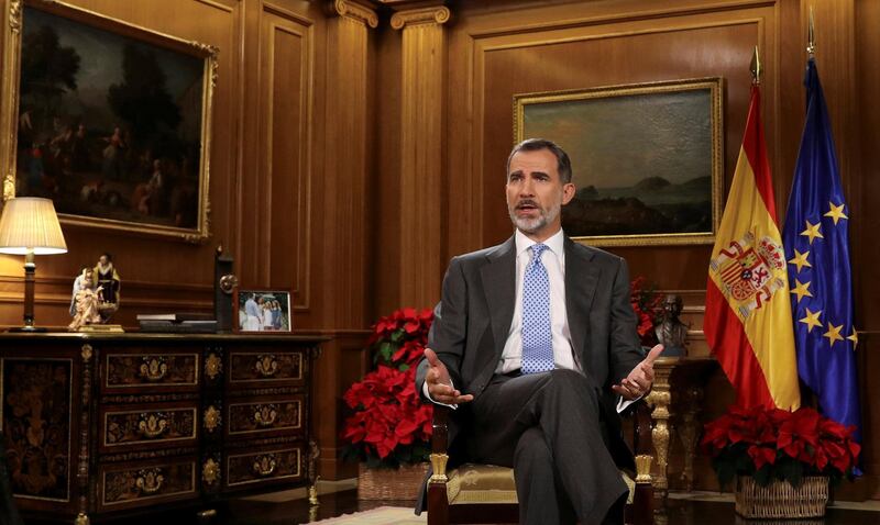 Spain's King Felipe VI delivers his traditional Christmas address at Zarzuela Palace in Madrid, Spain, December 23, 2017 in this photo released December 24, 2017. REUTERS/Andres Ballesteros/Pool