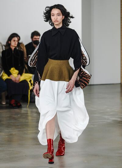 An outfit from the Proenza Schouler collection during New York Fashion Week on Friday. AP Photo