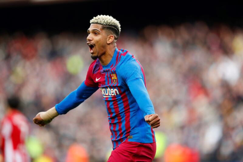 Ronald Araujo celebrates after scoring Barcelona's third goal. EPA