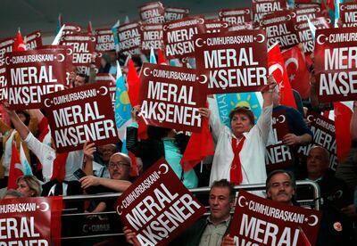 epa06772567 Supporters of Meral Aksener, the leader and Presidential candidate of the Turkish opposition 'Good Party' (IYI) hold banners reads 'President Meral Aksener' during an election campaign meeting in Ankara, Turkey, 30 May 2018. Turkish President Erdogan announced on 18 April 2018 that Turkey will hold snap elections on 24 June 2018. The presidential and parliamentary elections were scheduled to be held in November 2019, but government has decided the change the date following the recommendation of the Nationalist Movement Party (MHP) leader Devlet Bahceli.  EPA/TUMAY BERKIN