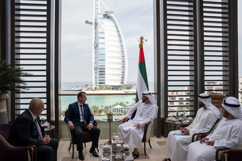 JUMEIRAH, DUBAI, UNITED ARAB EMIRATES - February 10, 2019: HH Sheikh Mohamed bin Zayed Al Nahyan Crown Prince of Abu Dhabi Deputy Supreme Commander of the UAE Armed Forces (3rd L, meets with Guillaume Faury, President of Airbus’s commercial aircraft business (2nd L), during the 2019 World Government Summit. Seen with HE Mohamed Mubarak Al Mazrouei, Undersecretary of the Crown Prince Court of Abu Dhabi (4th L).

( Ryan Carter for the Ministry of Presidential Affairs )
---