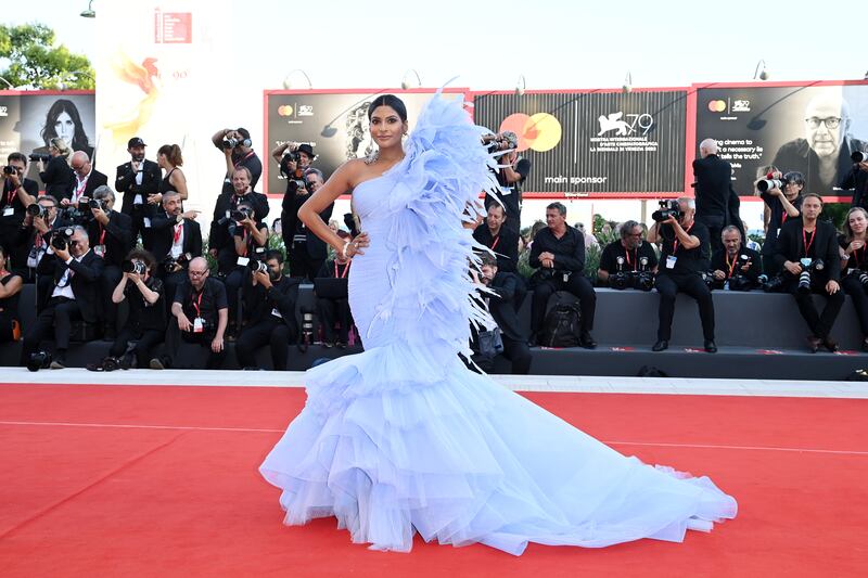 Farhana Bodi in a powder-blue gown by Lebanese house Maison Geyanna Youness. Getty Images