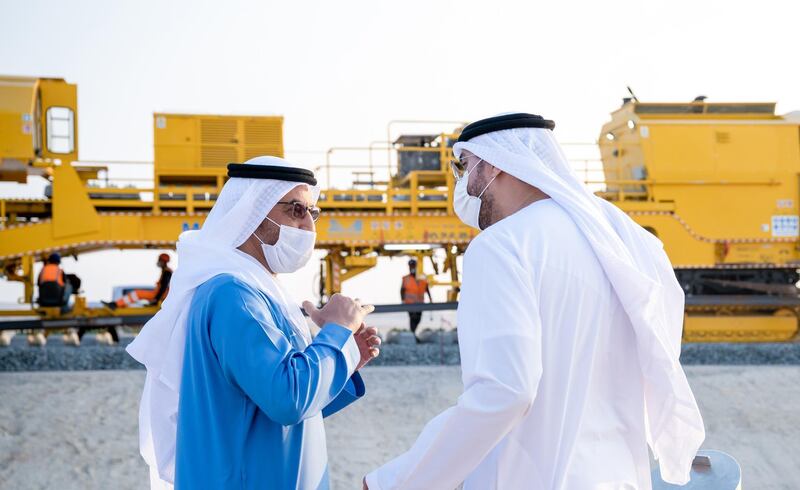 *** GENERAL CAPTION ***
ALDHAFRA - RUWIAS, UNITED ARAB EMIRATES -January 06, 2021: HH Sheikh Hamdan bin Zayed Al Nahyan, Ruler’s Representative in Al Dhafra Region (), attends Etihad Rails project at Ruwais.

( Rashed Al Mansoori / Ministry of Presidential Affairs )
---