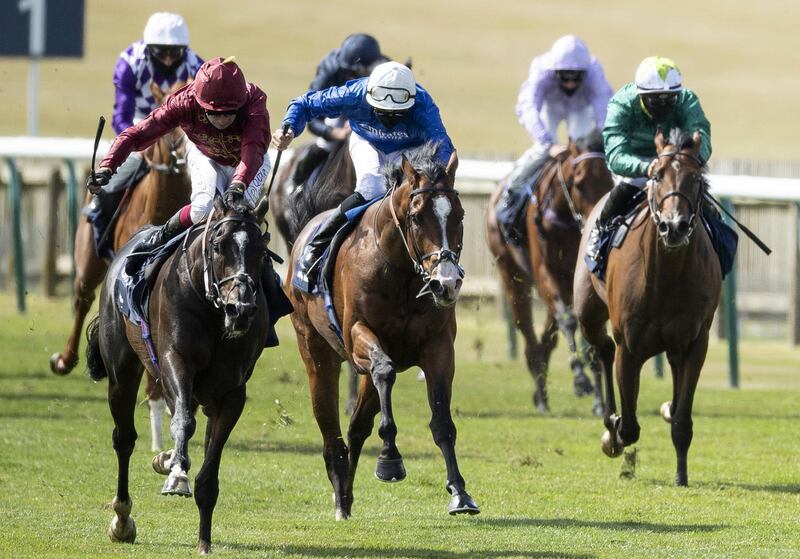 NEWMARKET, ENGLAND - JUNE 06: Kameko (L1) ridden Oisin Murphy approaches the finish line to win the Qipco 2000 Guineas Stakes at Newmarket Racecourse on June 06, 2020 in Newmarket, England. (Photo by Edward Whitaker/Pool via Getty Images)