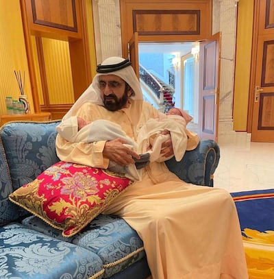 Sheikh Mohammed bin Rashid with his grandchildren Rashid and Sheika. Photo: Sheikh Hamdan bin Mohammed / Instagram