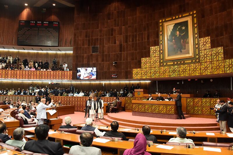 Shahbaz Sharif addresses the National Assembly. He takes over after a vote of no confidence in Imran Khan. AP