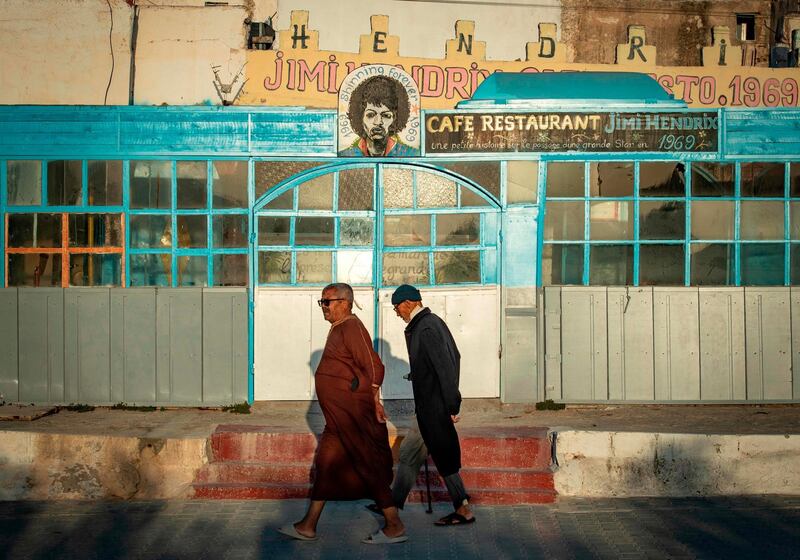 A picture taken in the Moroccan coastal city of Essaouira shows portraits of late US guitarist Jimi Hendrix. AFP