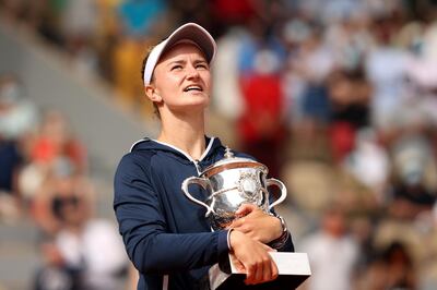 PARIS, FRANCE - JUNE 12: Match Winner Barbora Krejcikova of Czech Republic holds the Winners Trophy after the Womenâ€™s final on day fourteen of the 2021 French Open at Roland Garros on June 12, 2021 in Paris, France. (Photo by Clive Brunskill/Getty Images)