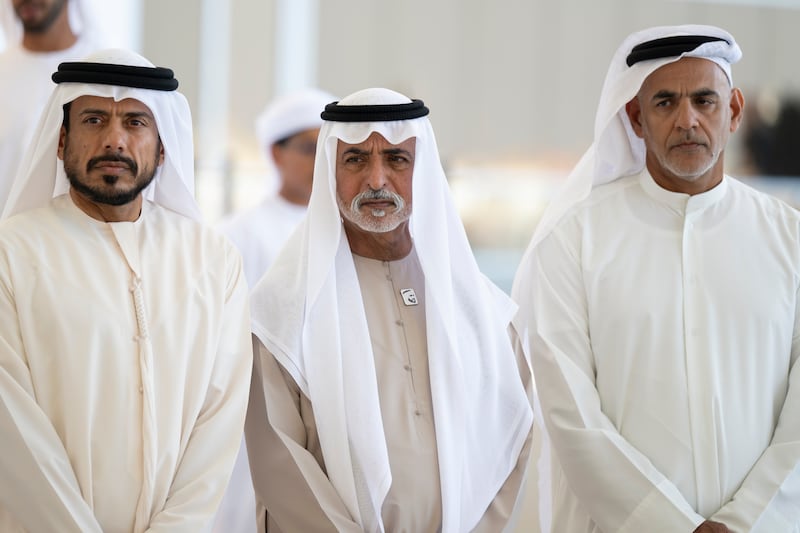 Sheikh Sultan bin Tahnoon, chairman of the board of directors of the Frontline Heroes Office, Sheikh Nahyan bin Mubarak, Minister of Tolerance and Coexistence, and Sheikh Khalifa bin Saif bin Mohamed, at the meeting. Abdulla Al Bedwawi / UAE Presidential Court 