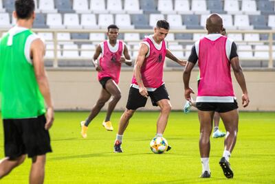 Abu Dhabi, United Arab Emirates, July 23, 2019.  Sebastian Tagliabue is one of the stars of the Arabian Gulf League, its all-time leading foreign goalscorer and second in the all-time charts. —  Sebastian in action during a practice sesion at the Al Wahda Club.
Victor Besa/The National
Section:  SP
Reporter:  John McAuley