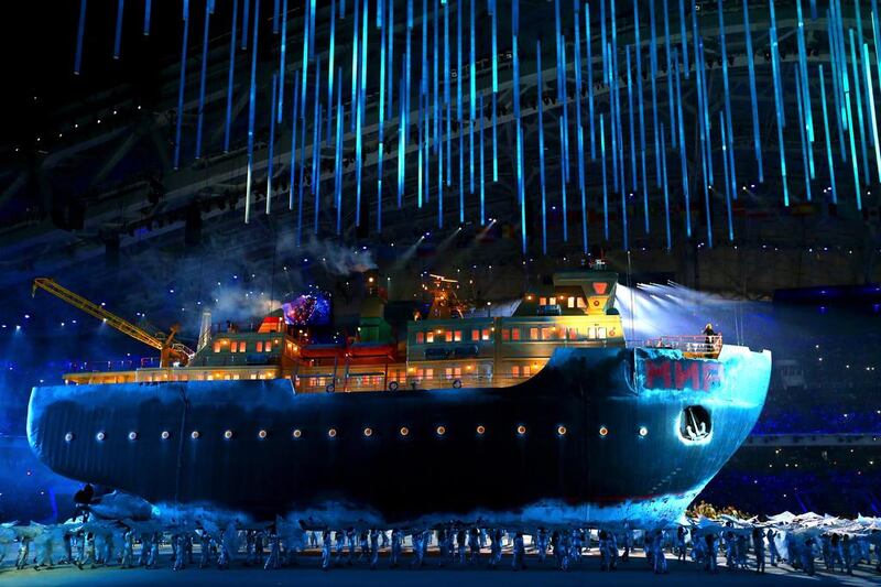 A giant ice breaker ship enters the arena carrying russian soprano Maria Guleghina during Friday night's Paralympics opening ceremonies. Ronald Martinez / Getty Images / March 7, 2014