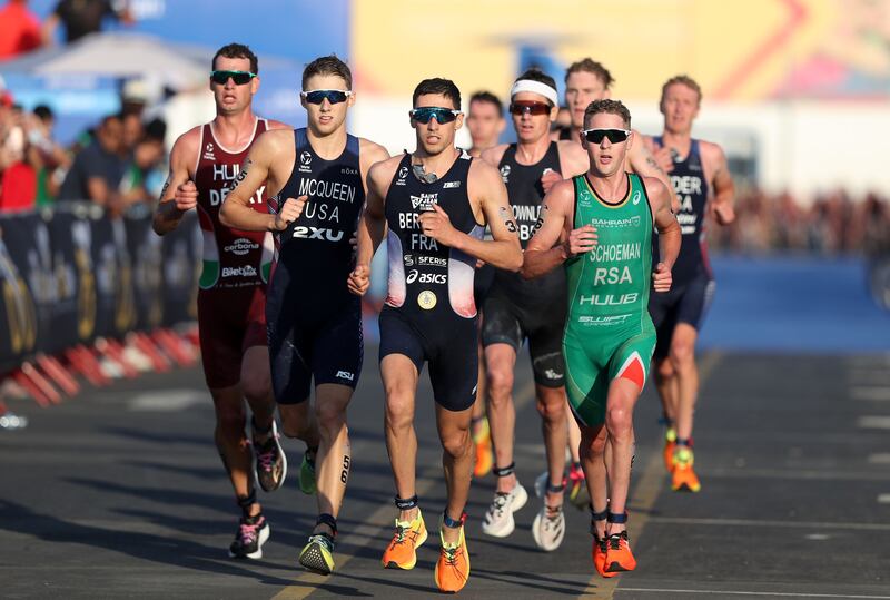 Leo Bergere leads the pack in the running leg