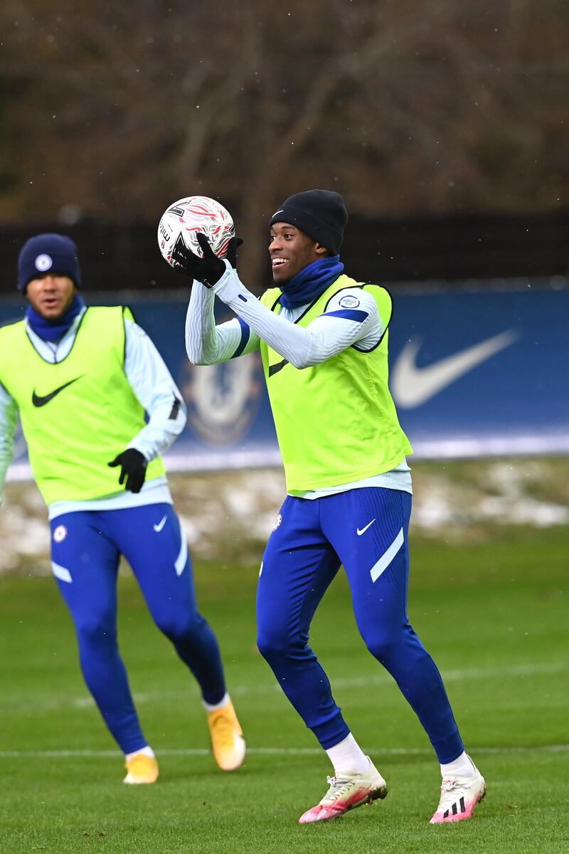 COBHAM, ENGLAND - FEBRUARY 09:  Callum Hudson-Odoi of Chelsea during a warm down training session at Chelsea Training Ground on February 9, 2021 in Cobham, England. (Photo by Darren Walsh/Chelsea FC via Getty Images)