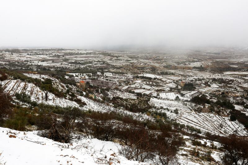 Snow-covered houses in the town of Sohmor, western Bekaa, Lebanon. Reuters