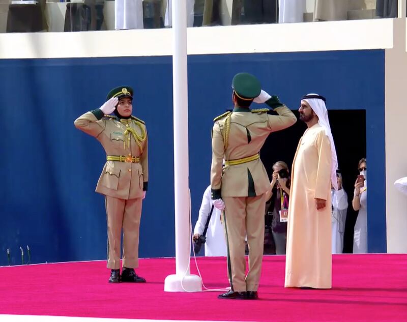 Sheikh Mohammed bin Rashid and Sheikh Hamdan raise the UAE flag under Al Wasl Plaza at the Expo Dubai 2020 site for flag day. Photo: Screengrab from Dubai Media Office live feed