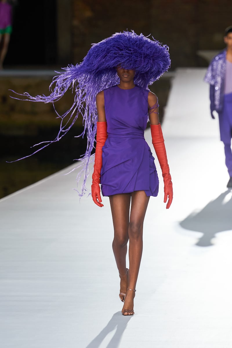 For Valentino autumn 2021 haute couture, Philip Treacy created hats decked in ostrich feathers.