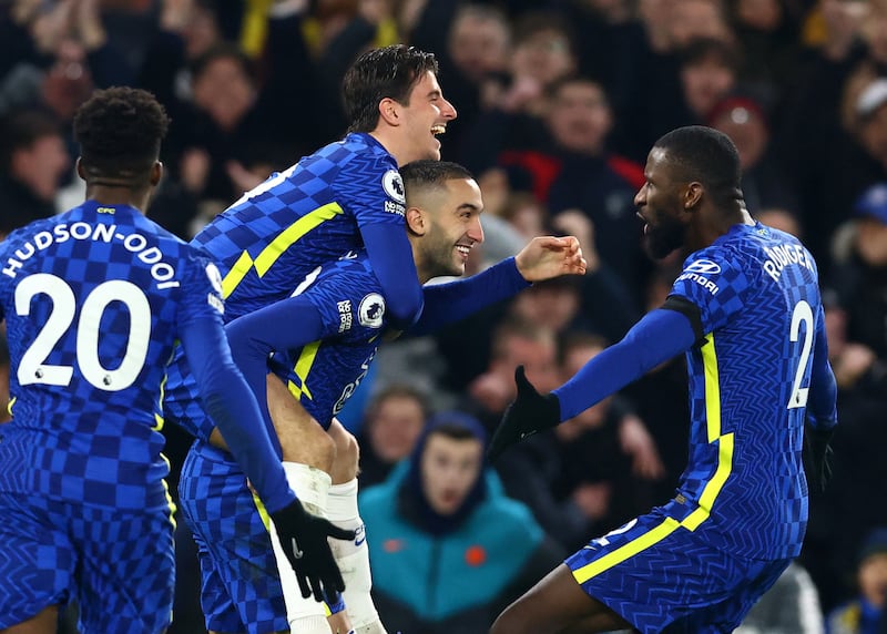 Chelsea's Hakim Ziyech celebrates scoring the first goal with Mason Mount and Antonio Rudiger. Reuters