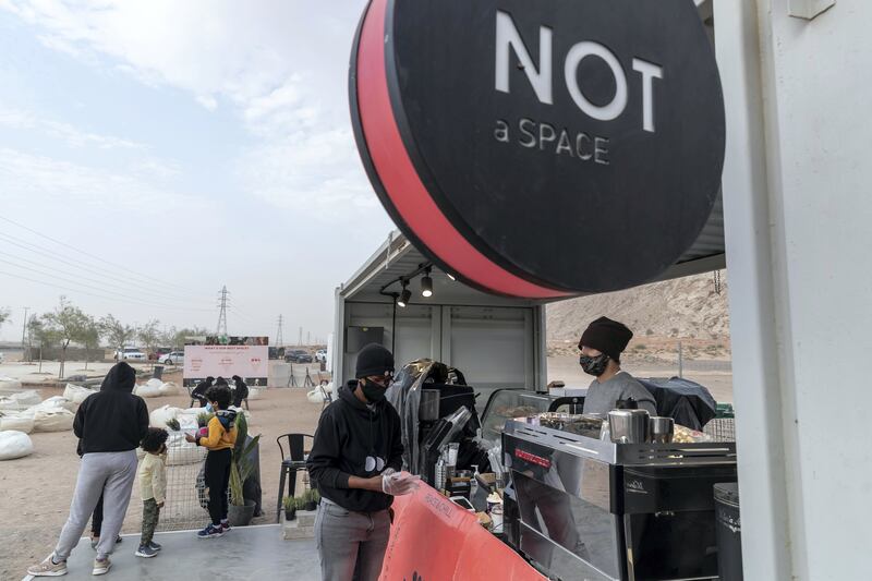 SHARJAH, UNITED ARAB EMIRATES. 21 FEBRUARY 2021. Not A Space is a cool new pop-up location in the Al Faya Desert of Sharjah where people can go to enjoy a coffee and a bite to eat. (Photo: Antonie Robertson/The National) Journalist: Hayley Skirka. Section: National.