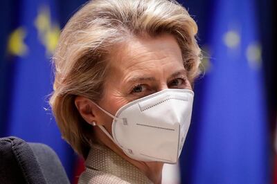 European Commission President Ursula von der Leyen wears a mask as she attends a video call with Turkey's President Recep Tayyip Erdogan (not pictured) in Brussels, Belgium, March 19, 2021. Stephanie Lecocq/Pool via REUTERS