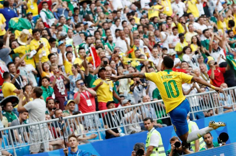 Brazil's Neymar celebrates scoring their first goal. Carlos Garcia Rawlins / Reueters