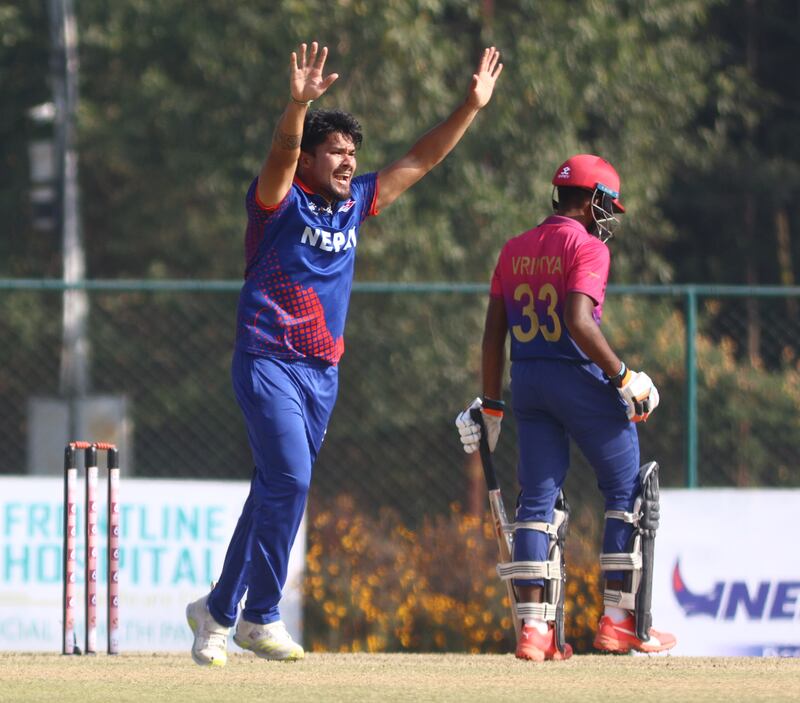 Nepal's Karan KC appeals for a wicket.